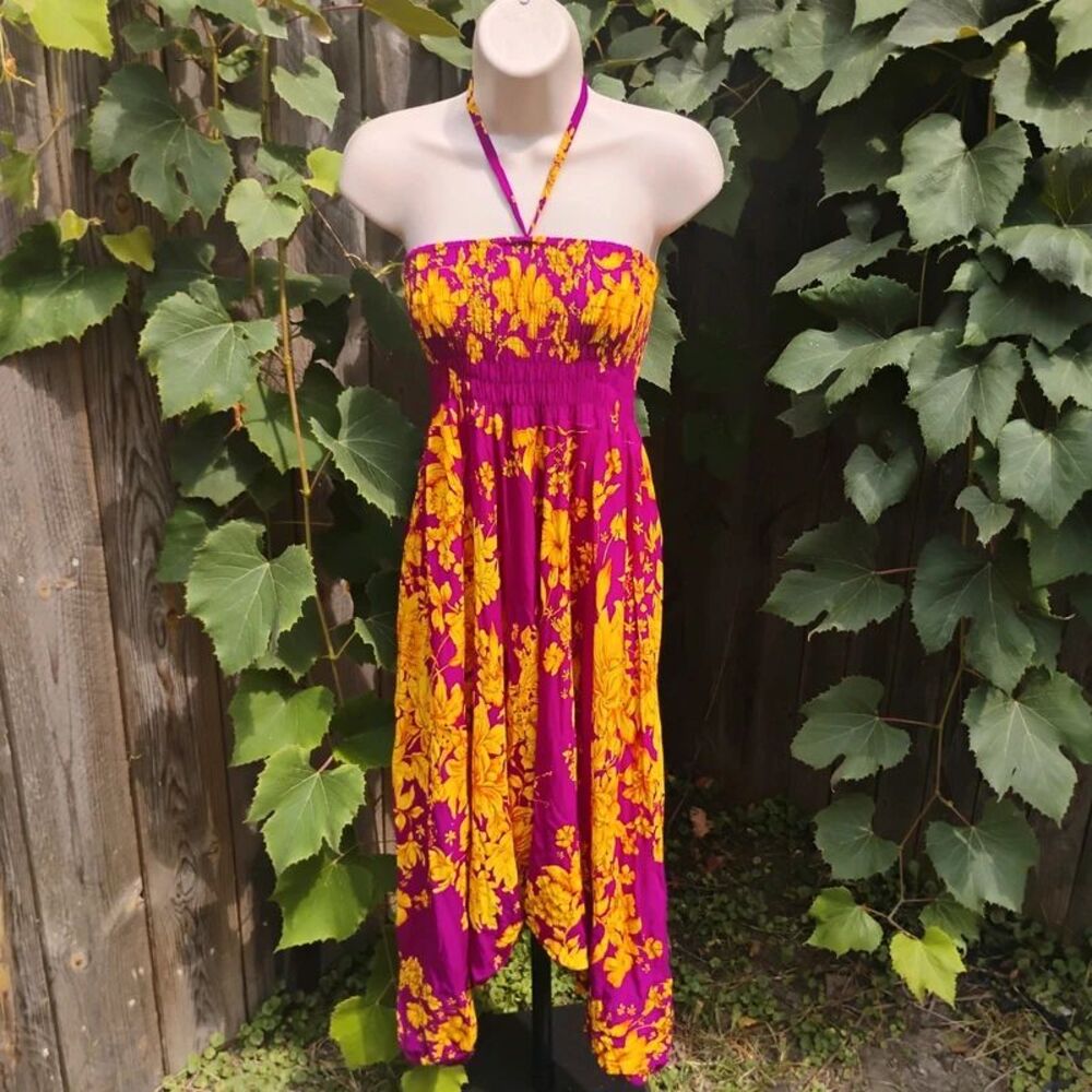 Vintage Floral Smocked Halter Jumpsuit Harem Pants Magenta Yellow One Size